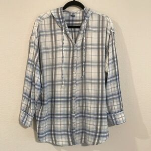 Aerie Women’s Hooded Shirt Jacket  XL Blue & White Plaid Cotton Blend 90s Y2K